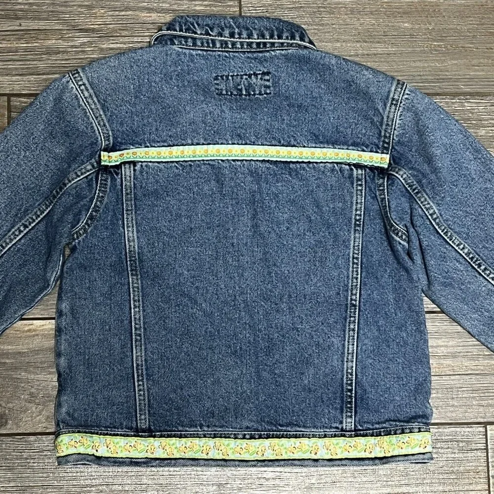 Old Navy Y2K Denim Jean Jacket Girls Size 12 Medium Embroidery Flowers 2000 Vtg